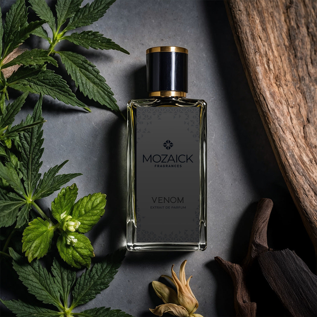 VENOM Extrait de Parfum 50 ml by MOZAICK – bottle among hemp leaves and wood on dark stone